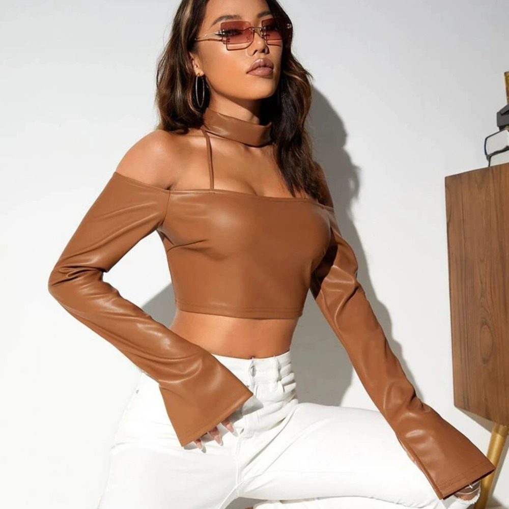 H&M Women Sexy Fall Off Shoulder Bodycon Top Nude Effect